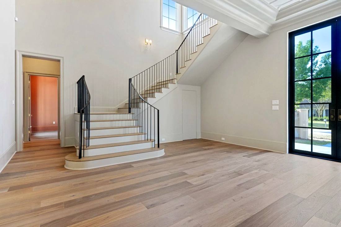 Light wood treads with black balusters